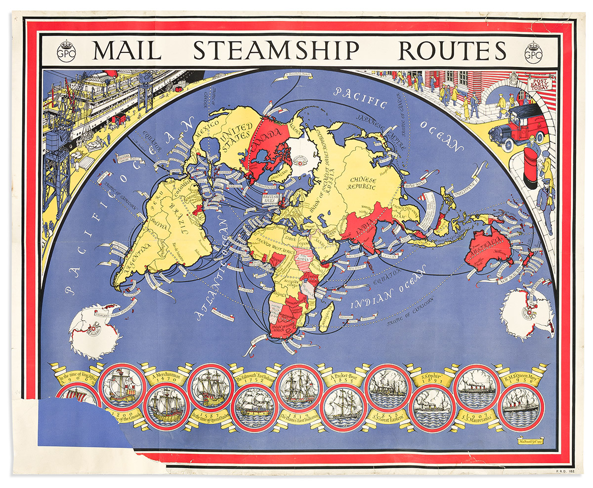 (PICTORIAL MAPS.) MacDonald Gill. Mail Steamship Routes.